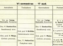 Teisės fakulteto 1933 m. pavasario semestro paskaitų tvarkaraštis (ištrauka)
